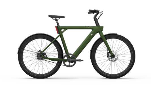 VRIDE CGO009 Smart Electric Bike in olive green, with sleek frame and modern design, suitable for city commuting and eco-friendly travel.