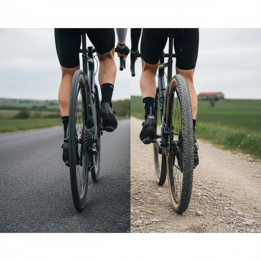 a picture depicting a road bike and a gravel bike riding by two men side by side from behind
