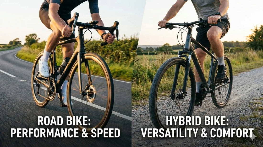 picture depicts a road bike and a hybrid bike that are ridden by two men side by side