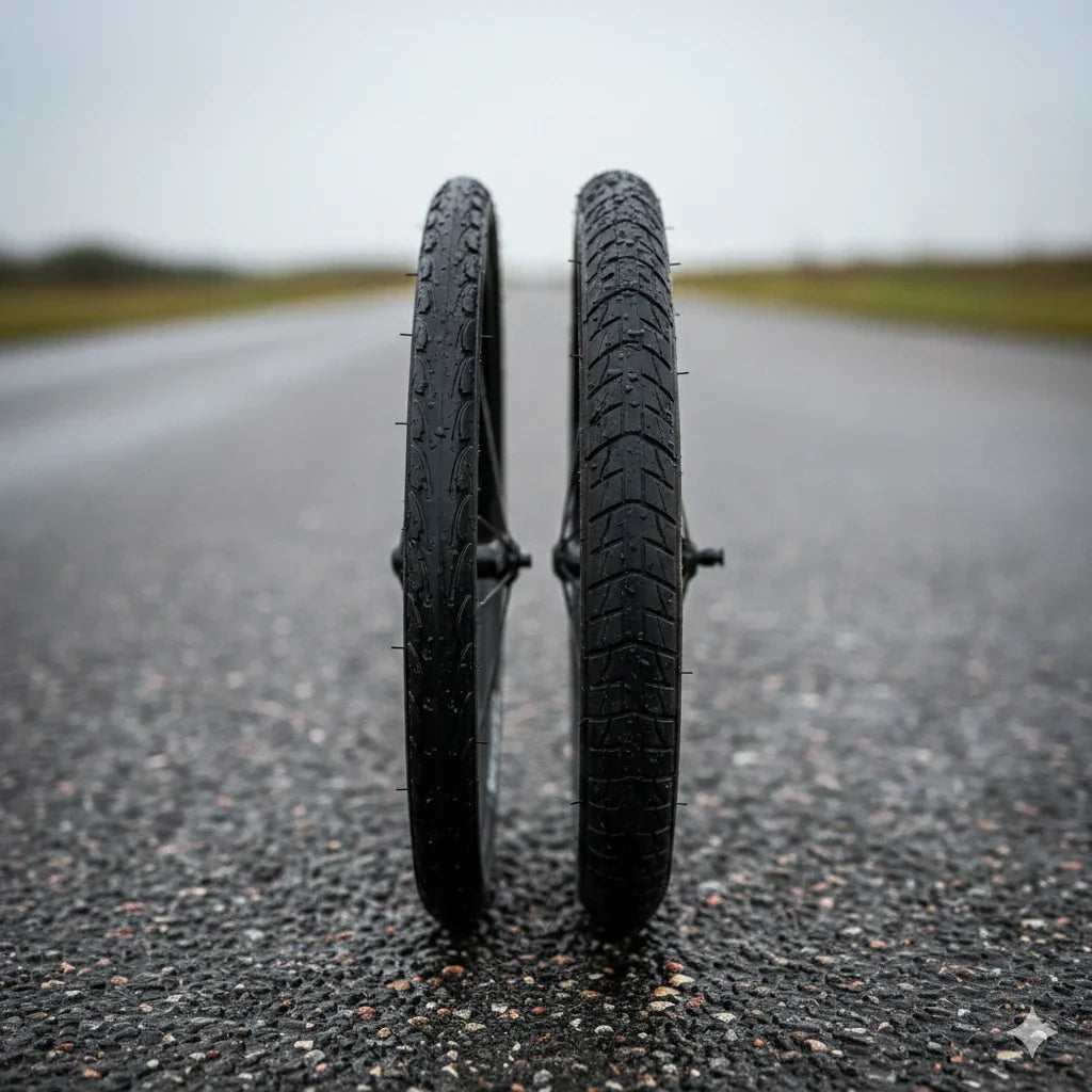 two road bike's tyre standing side by side on a road