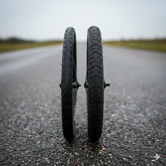 two road bike's tyre standing side by side on a road