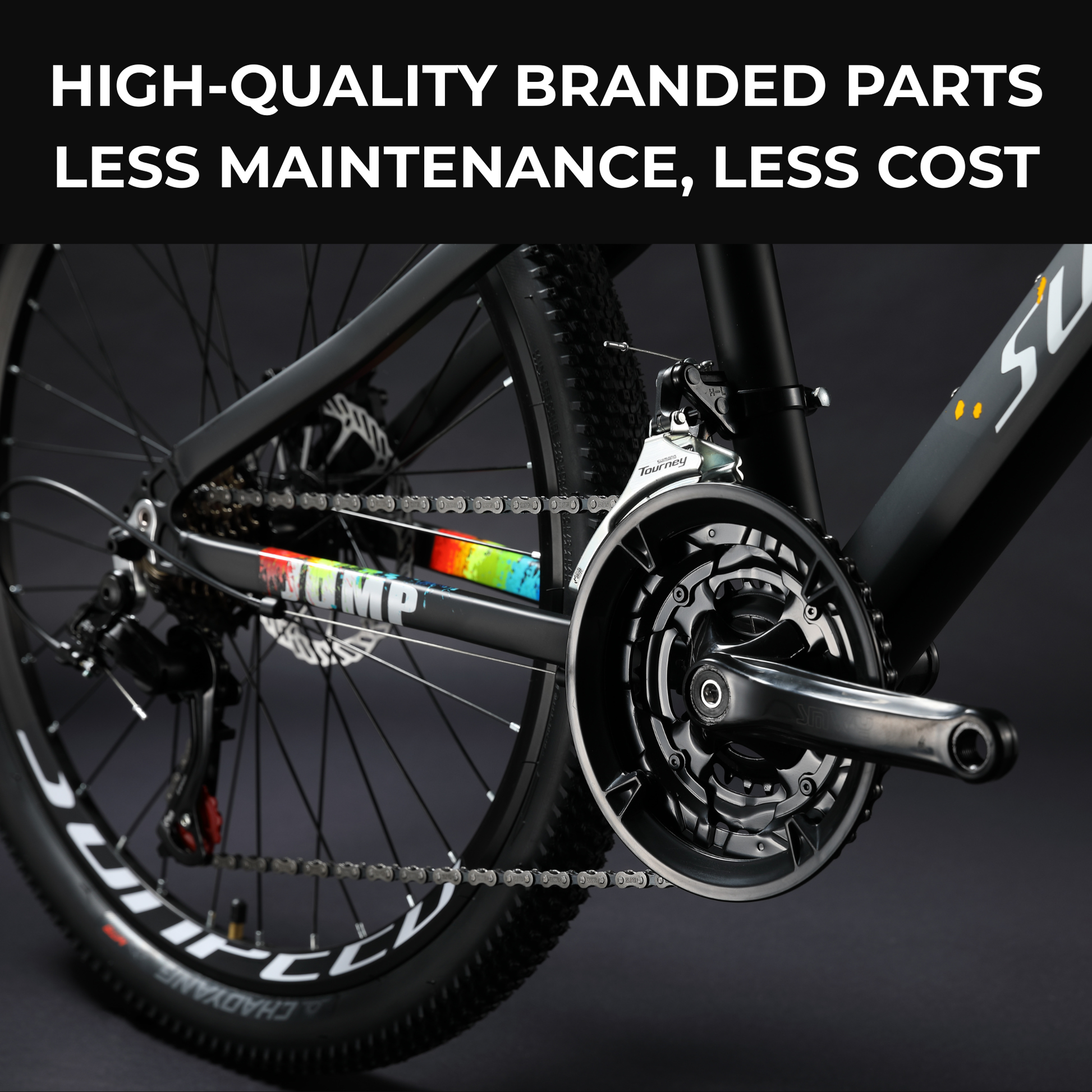 Kids' 24-inch VRIDE mountain bike with Shimano Tourney gears, featuring a sturdy frame and colorful design for young riders.