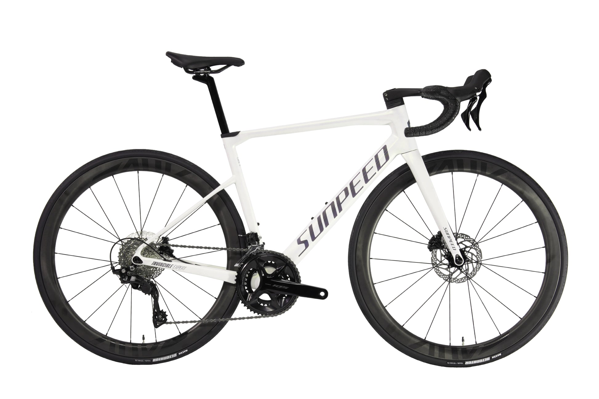 VRIDE Invincible Expert All Road bike with Shimano 105 carbon rim, adult bicycle showing sleek frame and lightweight wheel design.