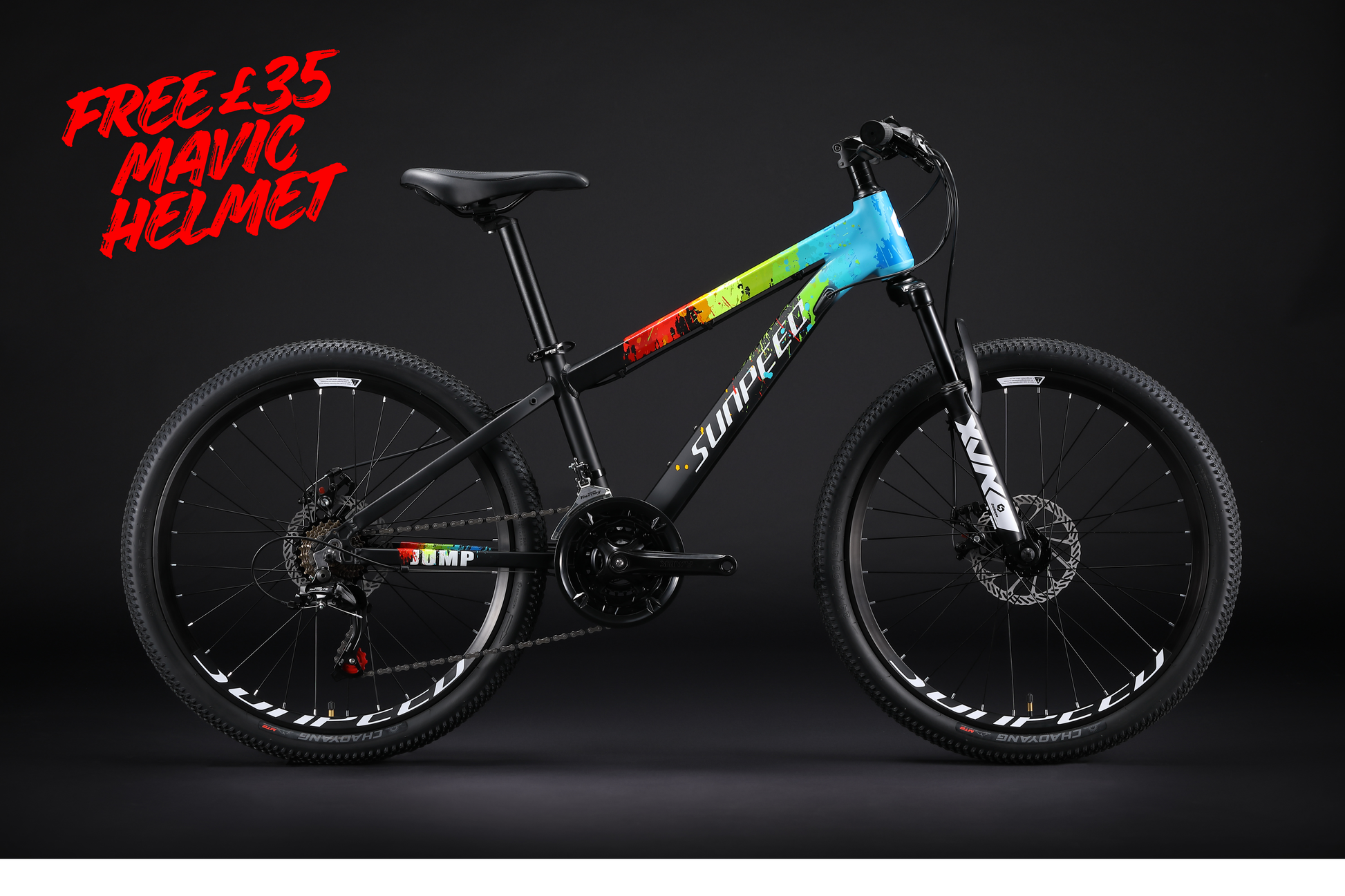 VRIDE Kids' 24-inch mountain bike with Shimano Tourney gears, durable frame, and knobby tires for young outdoor riders.