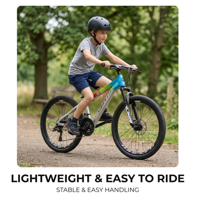 Kids mountain bike by VRIDE, 24-inch size with Shimano Tourney gears, featuring a sturdy frame and colorful design for young riders.