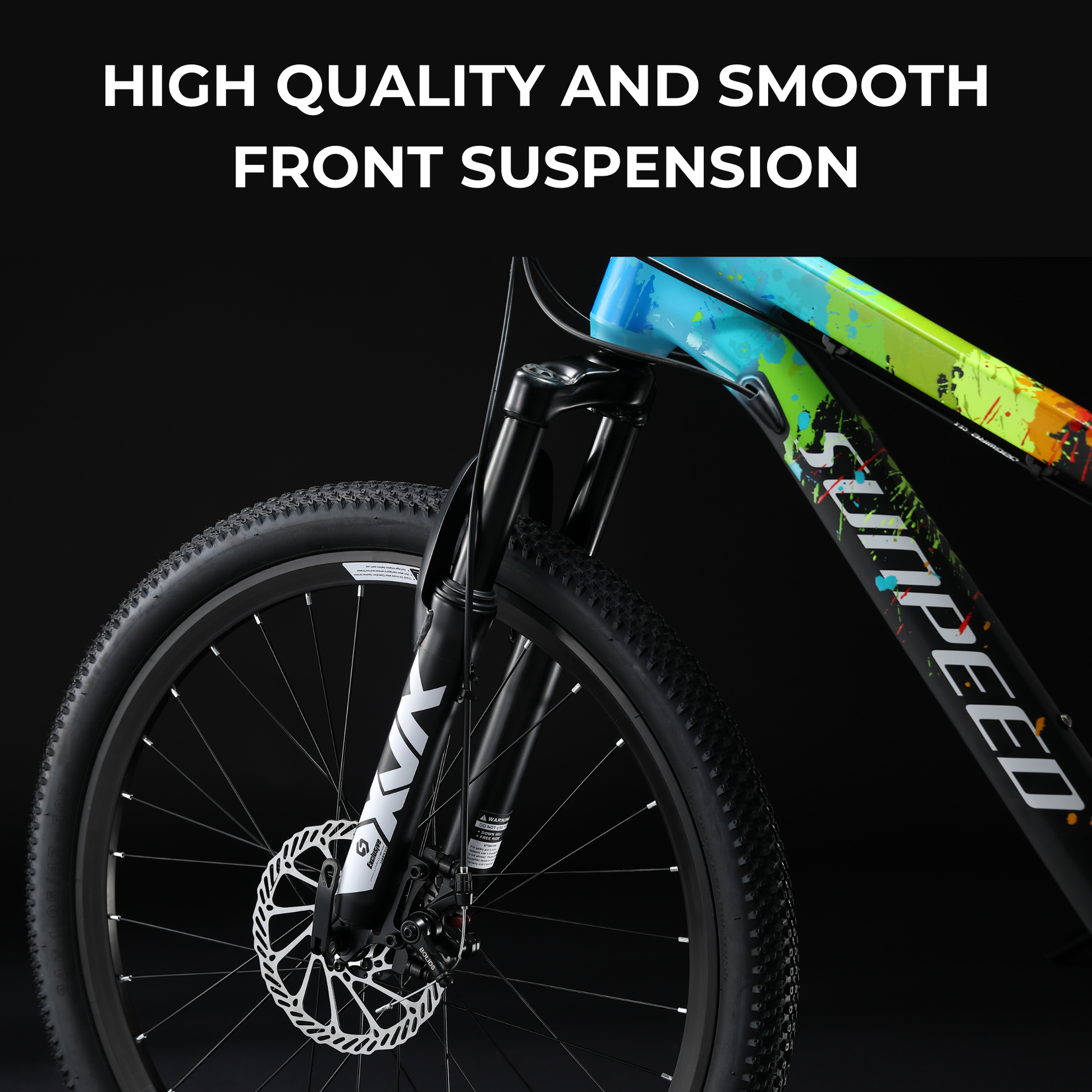 Kids' mountain bike by VRIDE with 24-inch wheels, Shimano Tourney gears, black frame, and sturdy tires for outdoor riding.