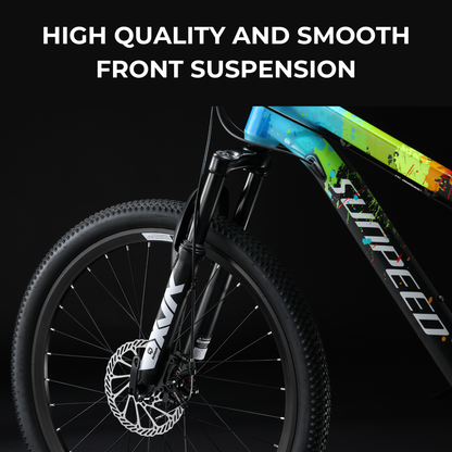Kids' mountain bike by VRIDE with 24-inch wheels, Shimano Tourney gears, black frame, and sturdy tires for outdoor riding.