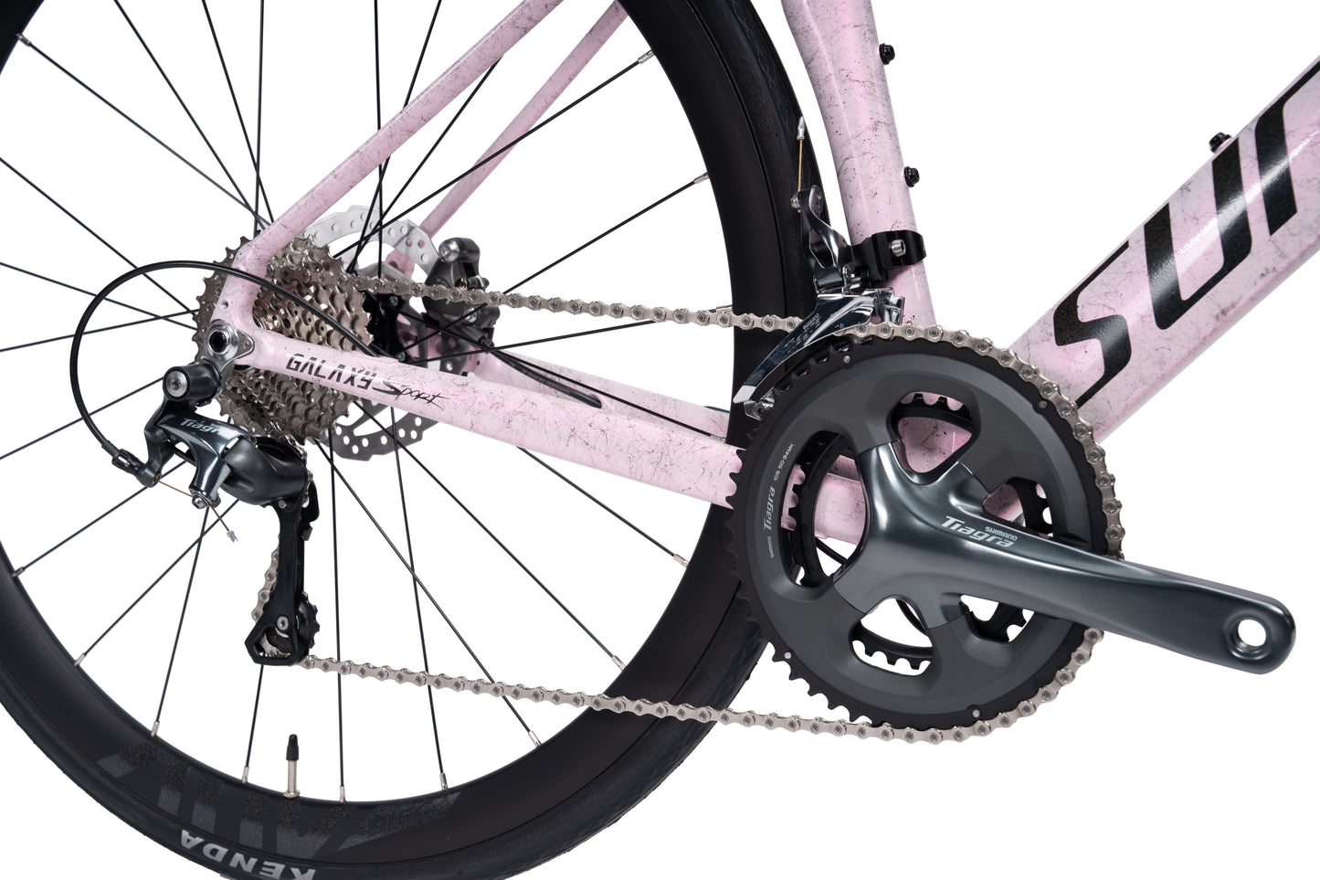 Adult VRIDE Galaxy Sport Road Bike with Shimano Tiagra gears, black frame and aerodynamic design, front view.