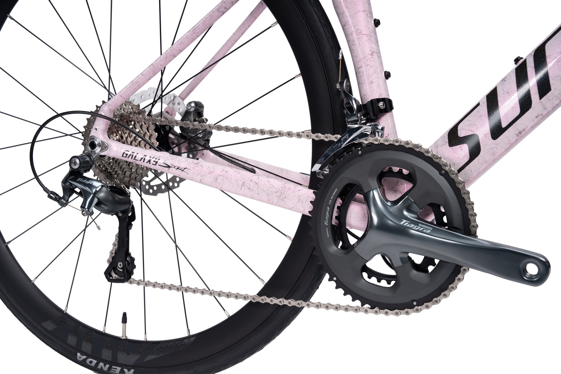 Adult VRIDE Galaxy Sport Road Bike with Shimano Tiagra gears, black frame and aerodynamic design, front view.