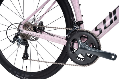 Adult VRIDE Galaxy Sport Road Bike with Shimano Tiagra gears, black frame and aerodynamic design, front view.