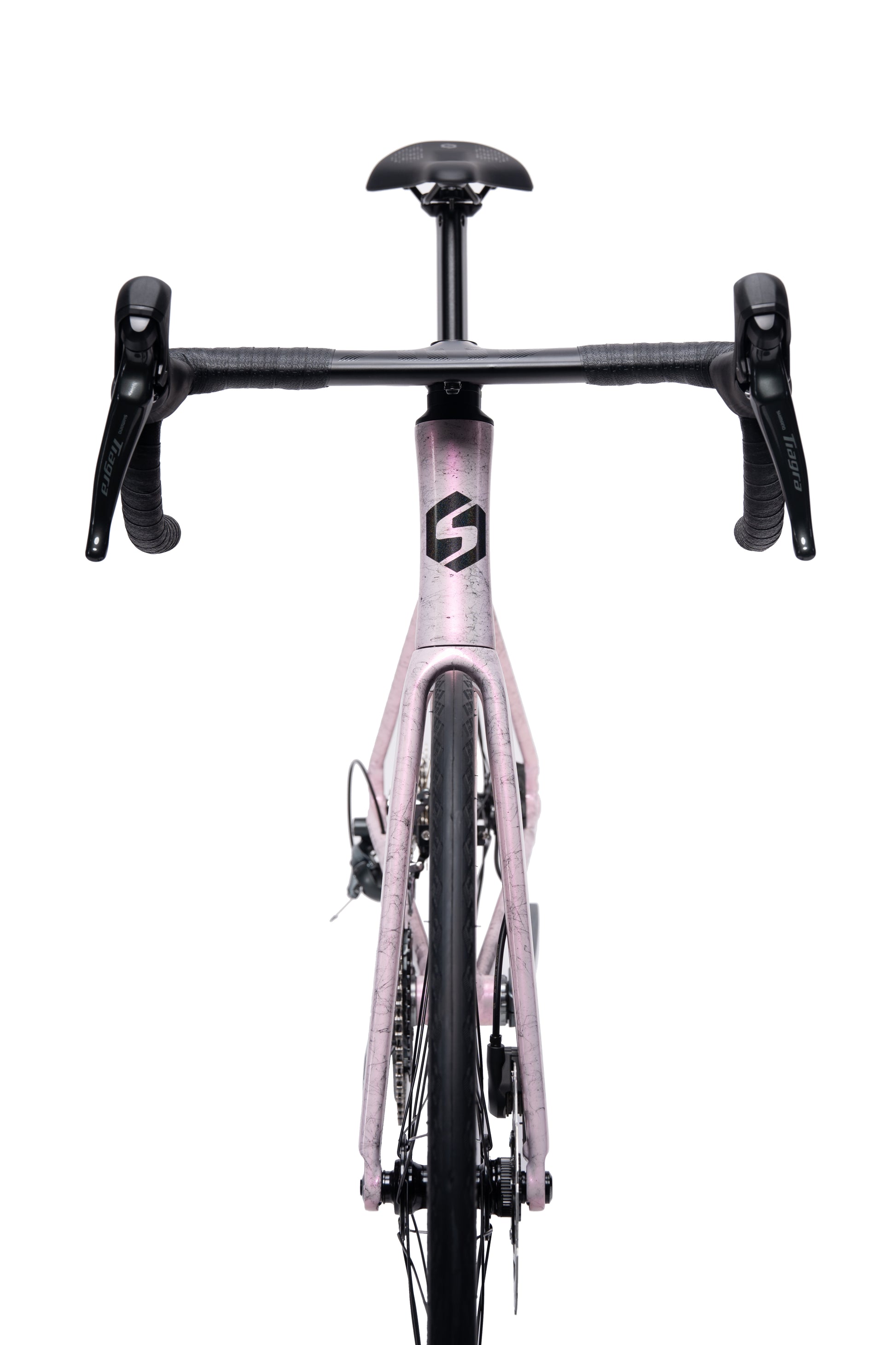 Adult VRIDE Galaxy Sport Road bike with Shimano Tiagra groupset, black frame, and sleek design, ready for road cycling.