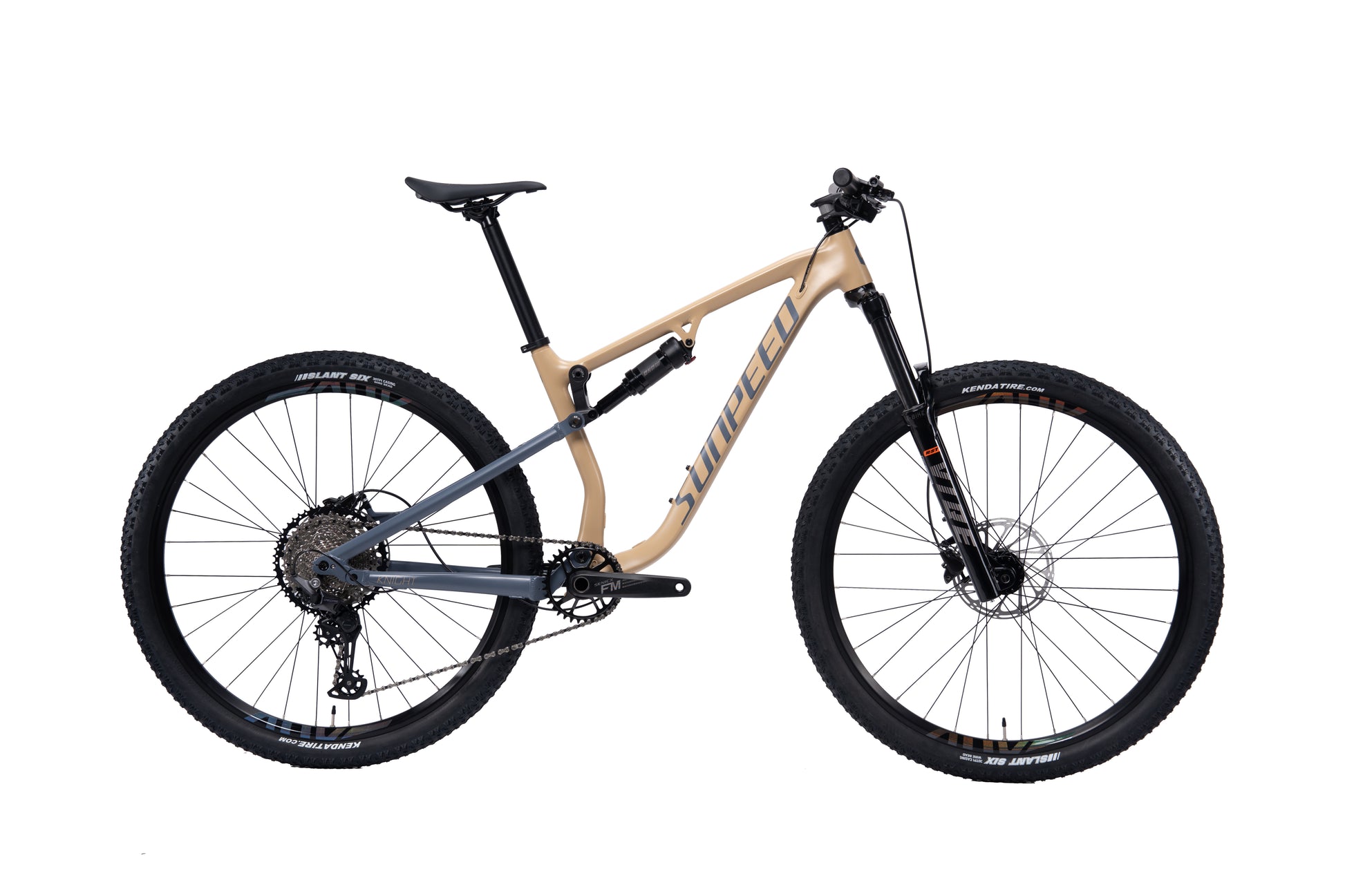 VRIDE Knight Pro full-suspension mountain bike with Shimano Deore gears, shown in a natural outdoor setting.