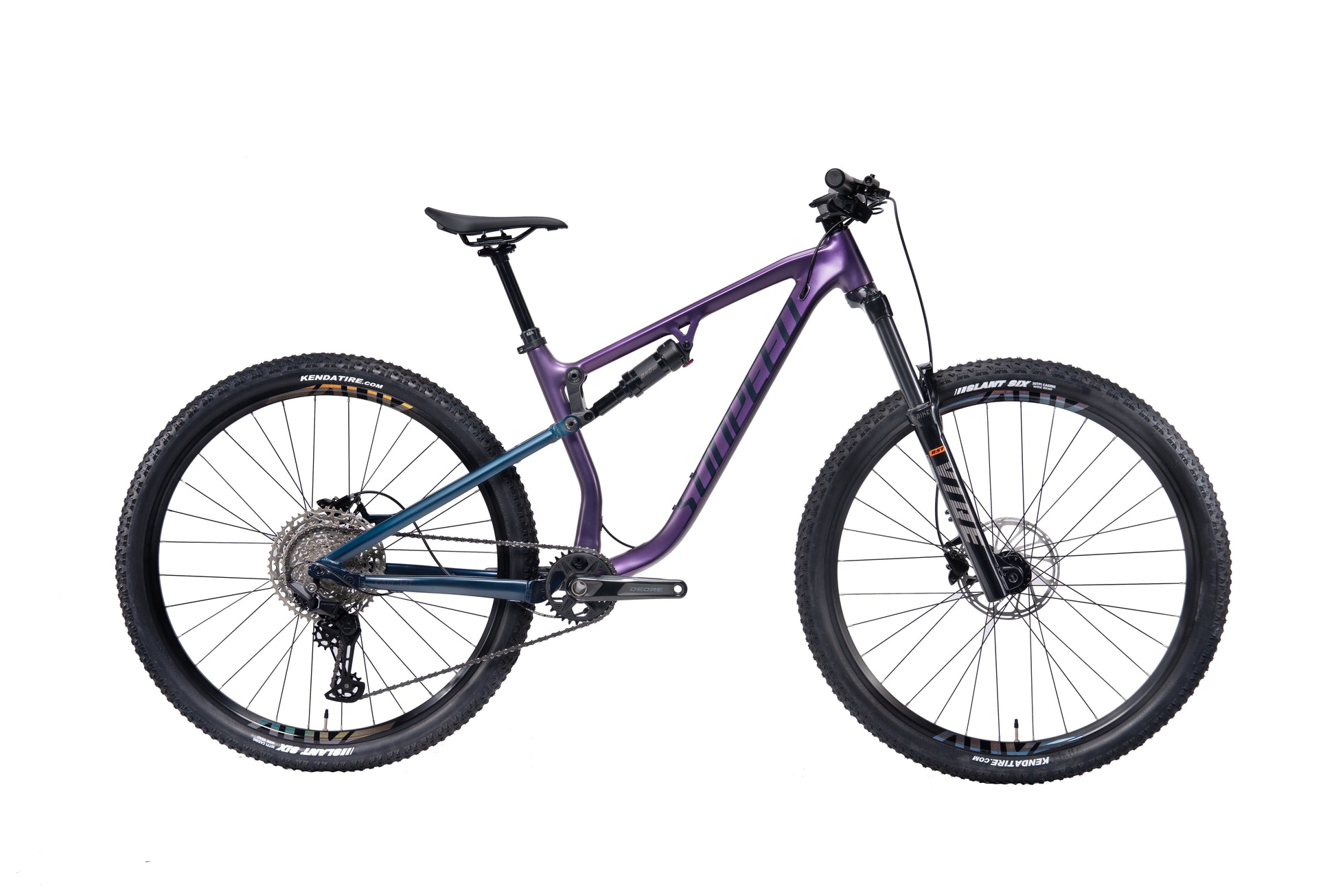 VRIDE Knight Pro full-suspension mountain bike with Shimano Deore gears, showing the frame, suspension, and knobby tires.