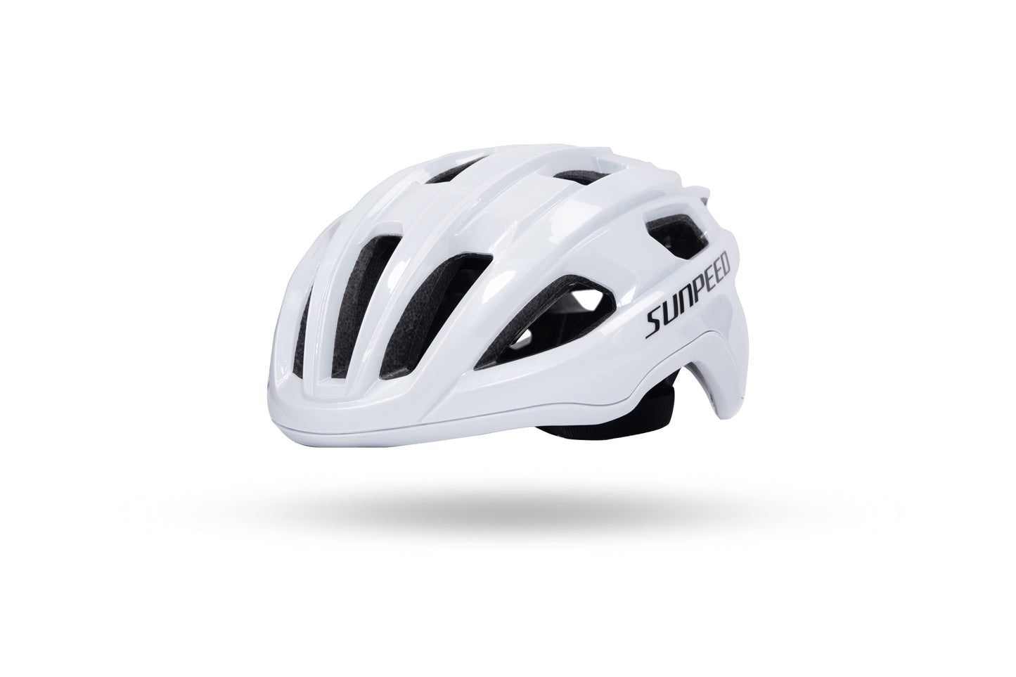 VRIDE SUNPEED cycling helmet with Ionic+ padding, shown from front angle, showcasing its aerodynamic design and adjustable straps.