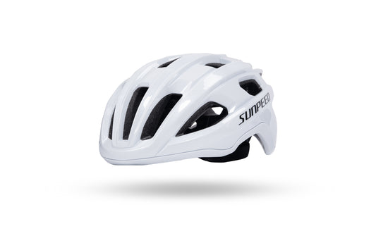 VRIDE SUNPEED cycling helmet with Ionic+ padding, shown from front angle, showcasing its aerodynamic design and adjustable straps.