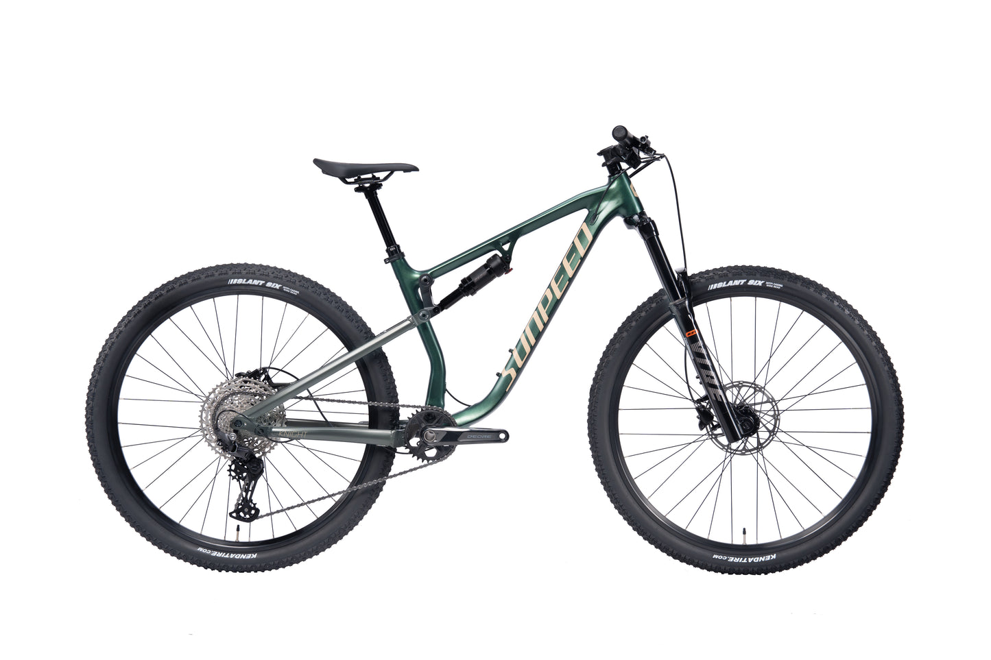 VRIDE Knight Pro full-suspension mountain bike with Shimano Deore gears, black frame, and rugged tires for adult outdoor cycling.