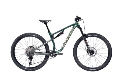 VRIDE Knight Pro full-suspension mountain bike with Shimano Deore gears, black frame, and rugged tires for adult outdoor cycling.