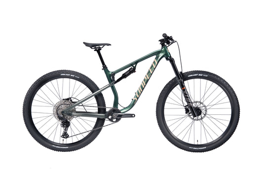 VRIDE Knight Pro full-suspension mountain bike with Shimano Deore gears, black frame, and rugged tires for adult outdoor cycling.
