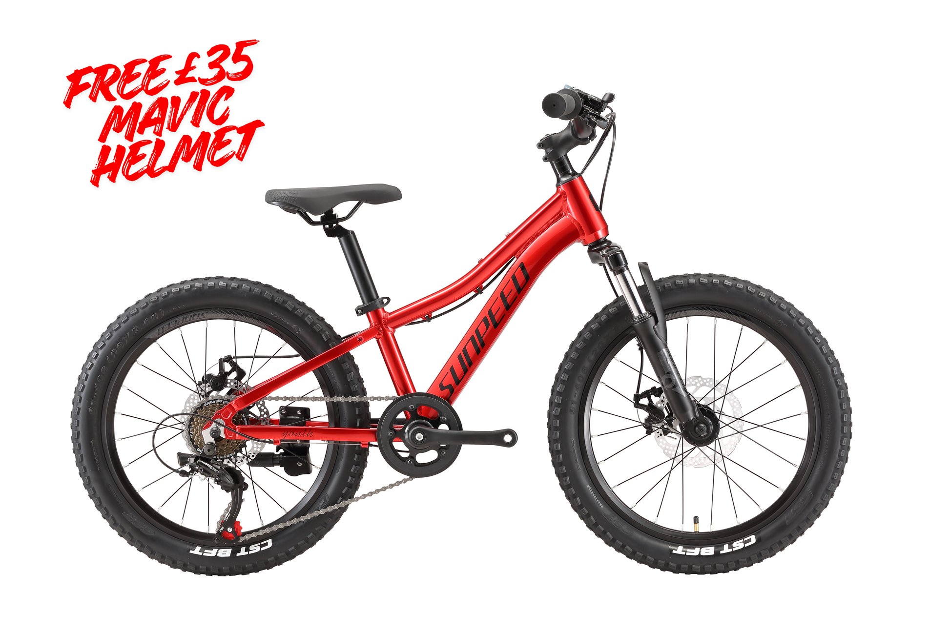 Kids mountain bike by VRIDE with Shimano gears, suitable for ages 6-9, shown with a Mavic helmet for safety.