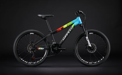 Black JUMP Kids' 24-inch mountain bike by VRIDE with Shimano Tourney gears, featuring a sturdy frame and knobby tires for outdoor riding.
