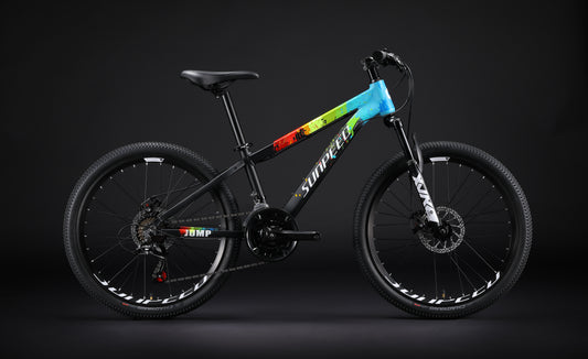Black JUMP Kids' 24-inch mountain bike by VRIDE with Shimano Tourney gears, featuring a sturdy frame and knobby tires for outdoor riding.