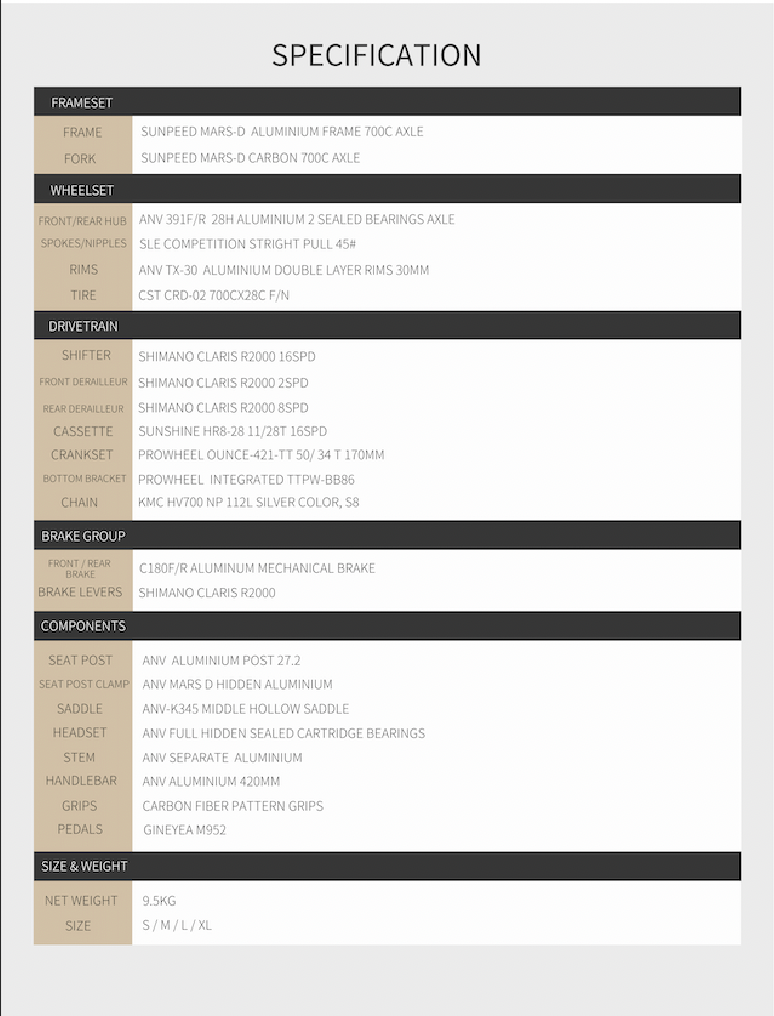 MARS-D Endurance Road Bike 16-Speed - Shimano Claris - VRIDE - Bicycle & Accessories