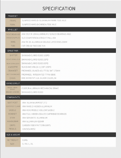 MARS-D Endurance Road Bike 16-Speed - Shimano Claris - VRIDE - Bicycle & Accessories